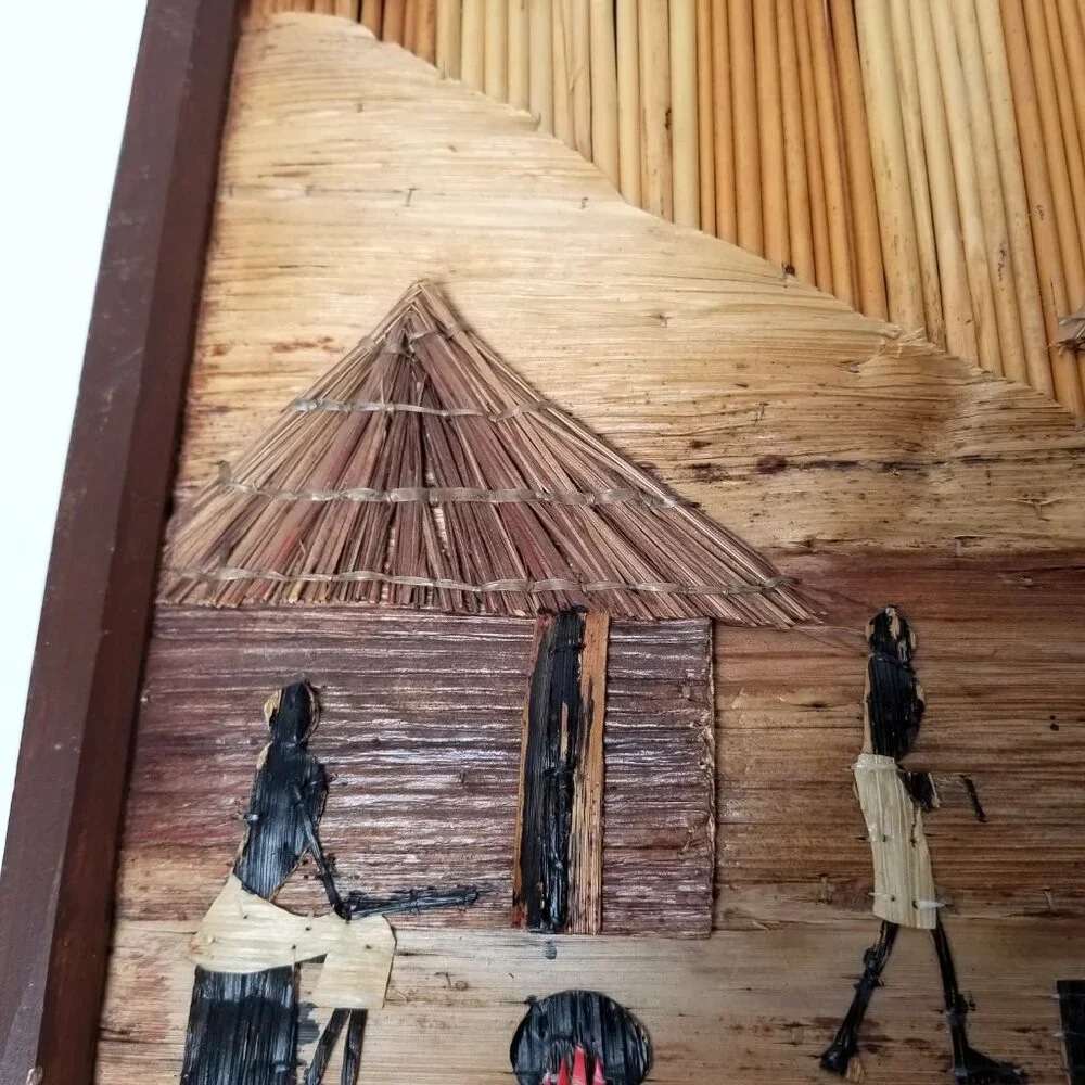 African Wall Art Bamboo Village Scene Framed Handmade Boho Global Decor 18x14